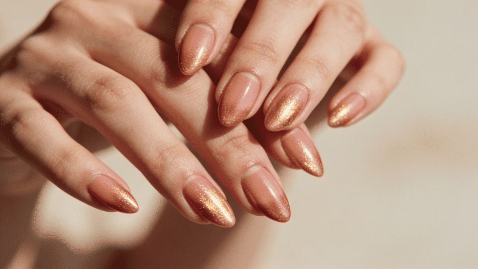 Almond nails with nude base and sun-inspired gold shimmer, glossy finish, reflective summer manicure.