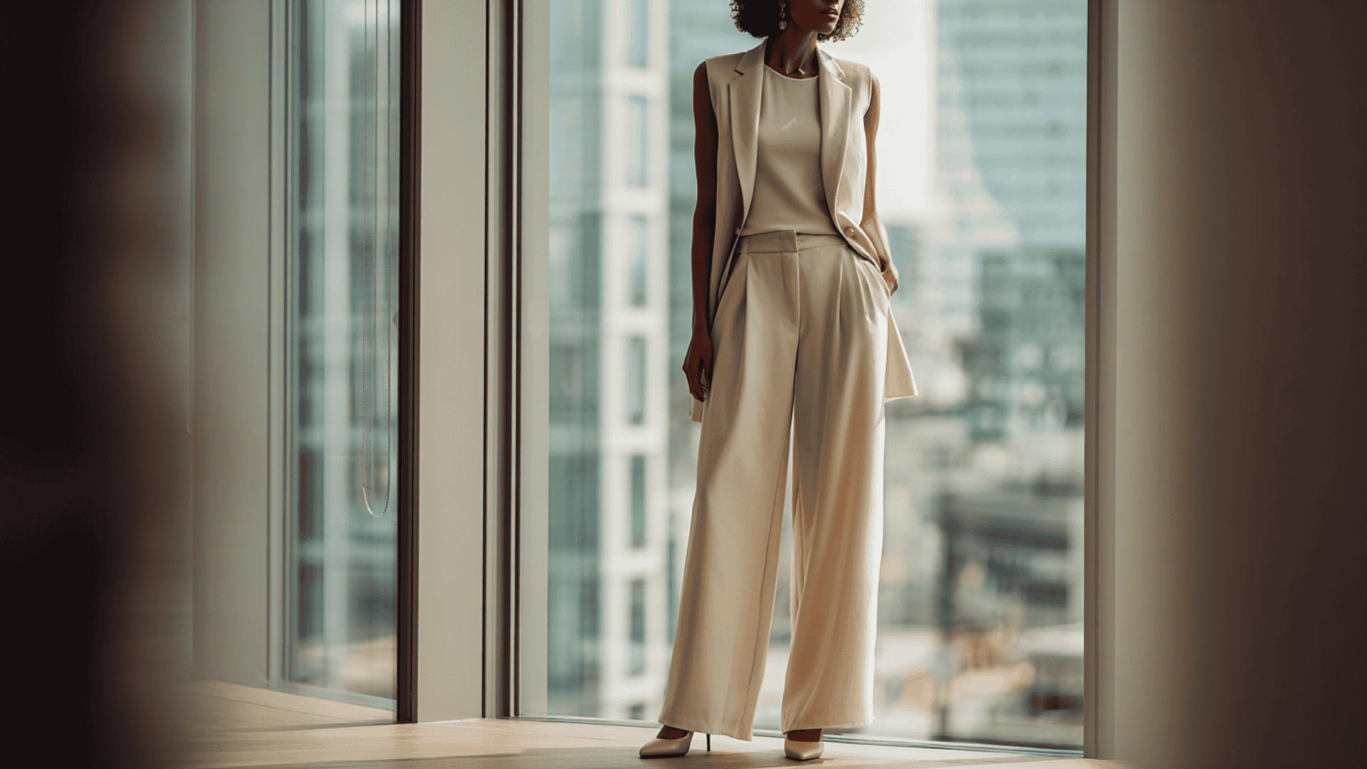 Woman in a cream tailored vest and wide-leg pants standing by a window