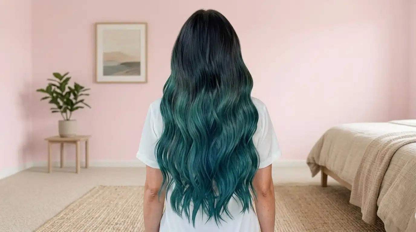 Female with teal balayage blending blue and green tones into black hair