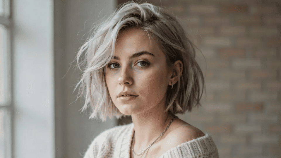 Woman with short textured platinum bob showing tousled layers and volume.