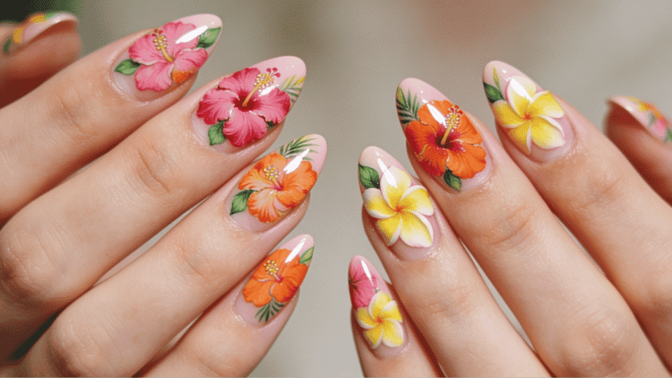 Hands featuring almond nails with tropical floral designs in bright colors, glossy, vibrant summer look.