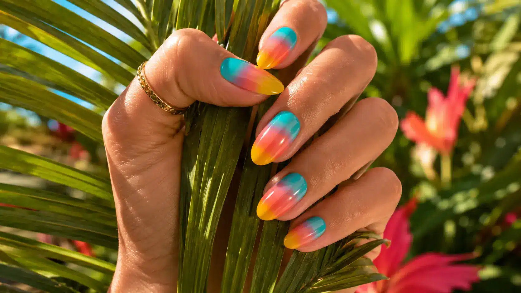 Tropical summer ombre nails with bright colors