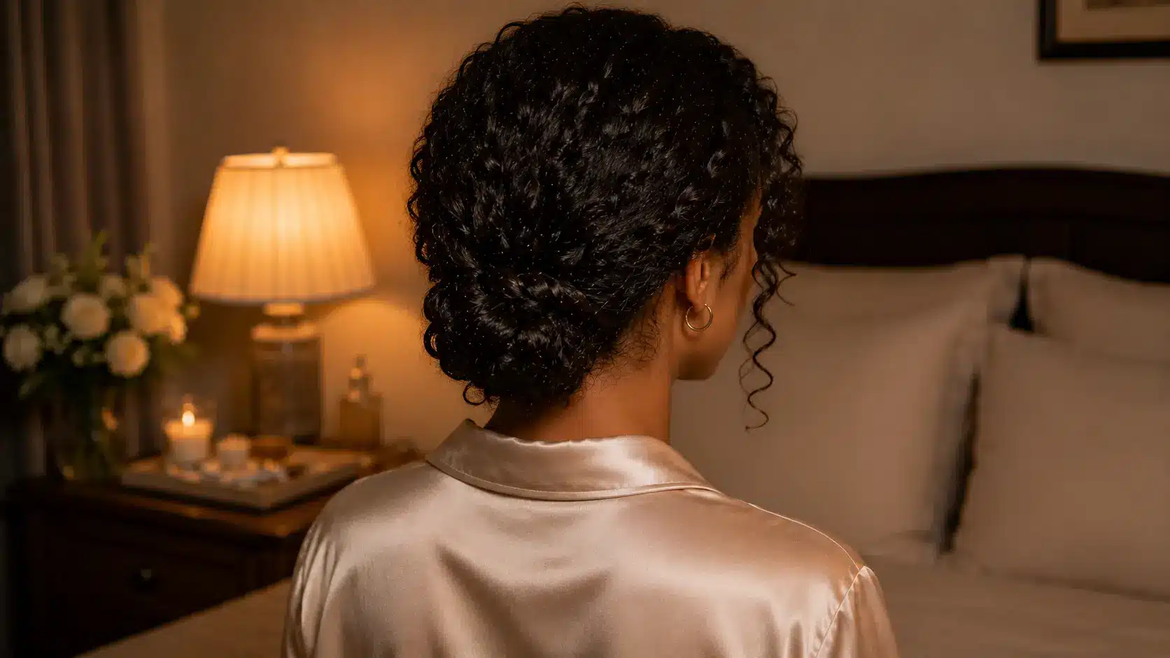 Twisted low bun protective hairstyle for curly hair overnight