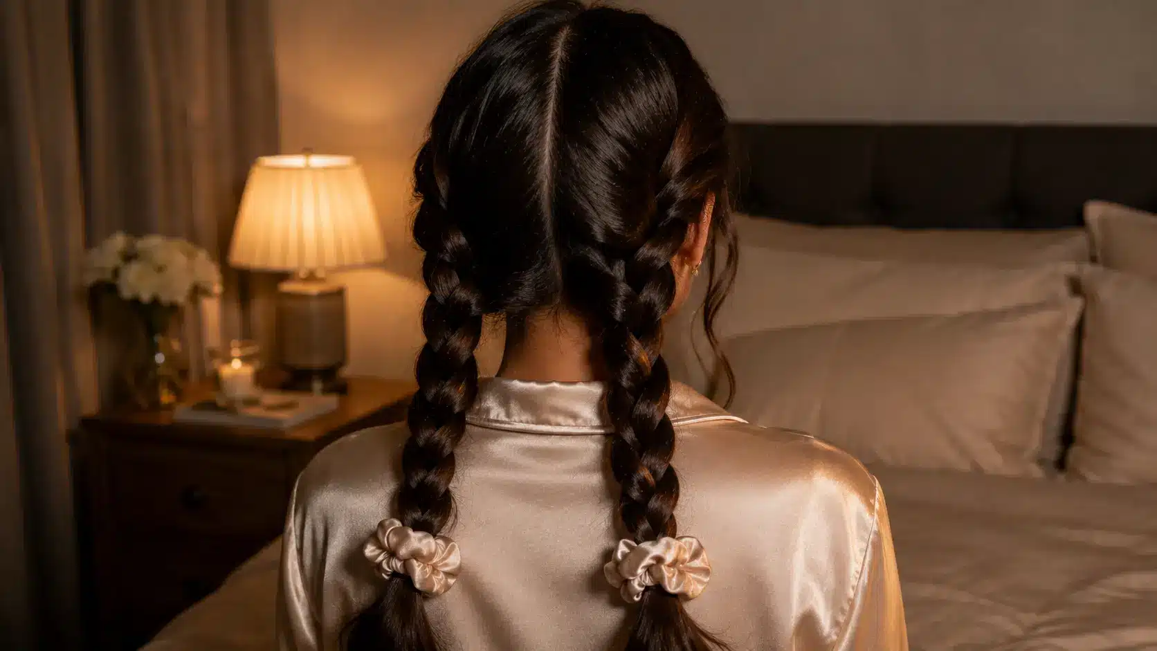 Two loose braids styled for comfortable overnight hair protection