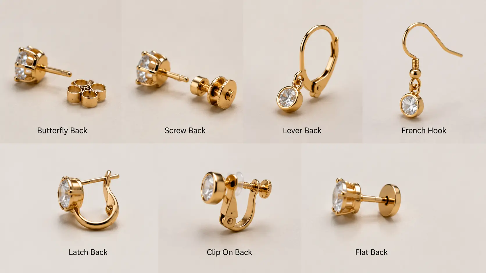 Seven types of earring backs including butterfly, screw, lever, French hook, latch, clip-on, and flat, on a neutral background.