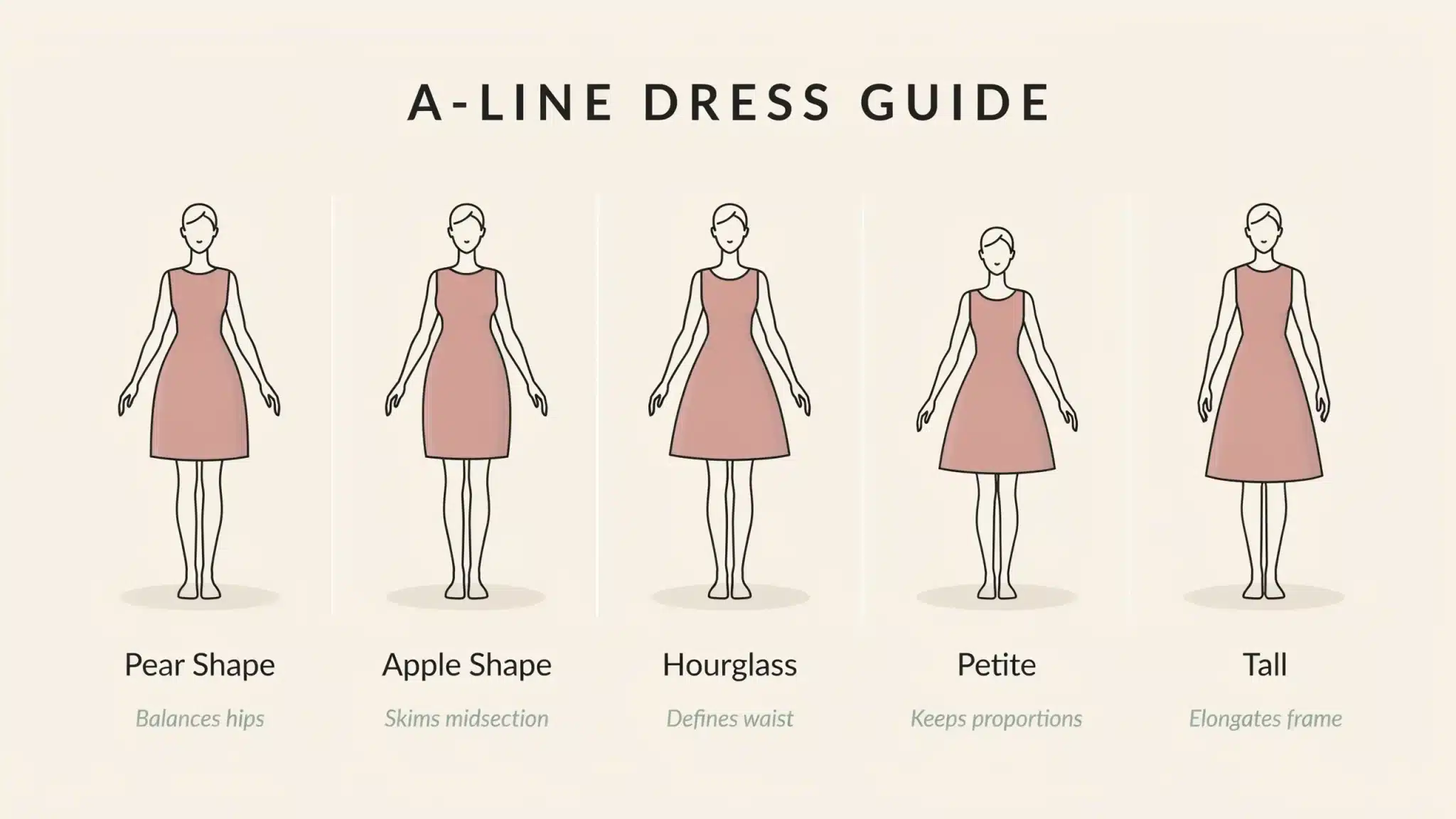 Vector infographic showing five body types—pear, apple, hourglass, petite, and tall—wearing A-line dresses, with labels explaining how the silhouette balances each shape.