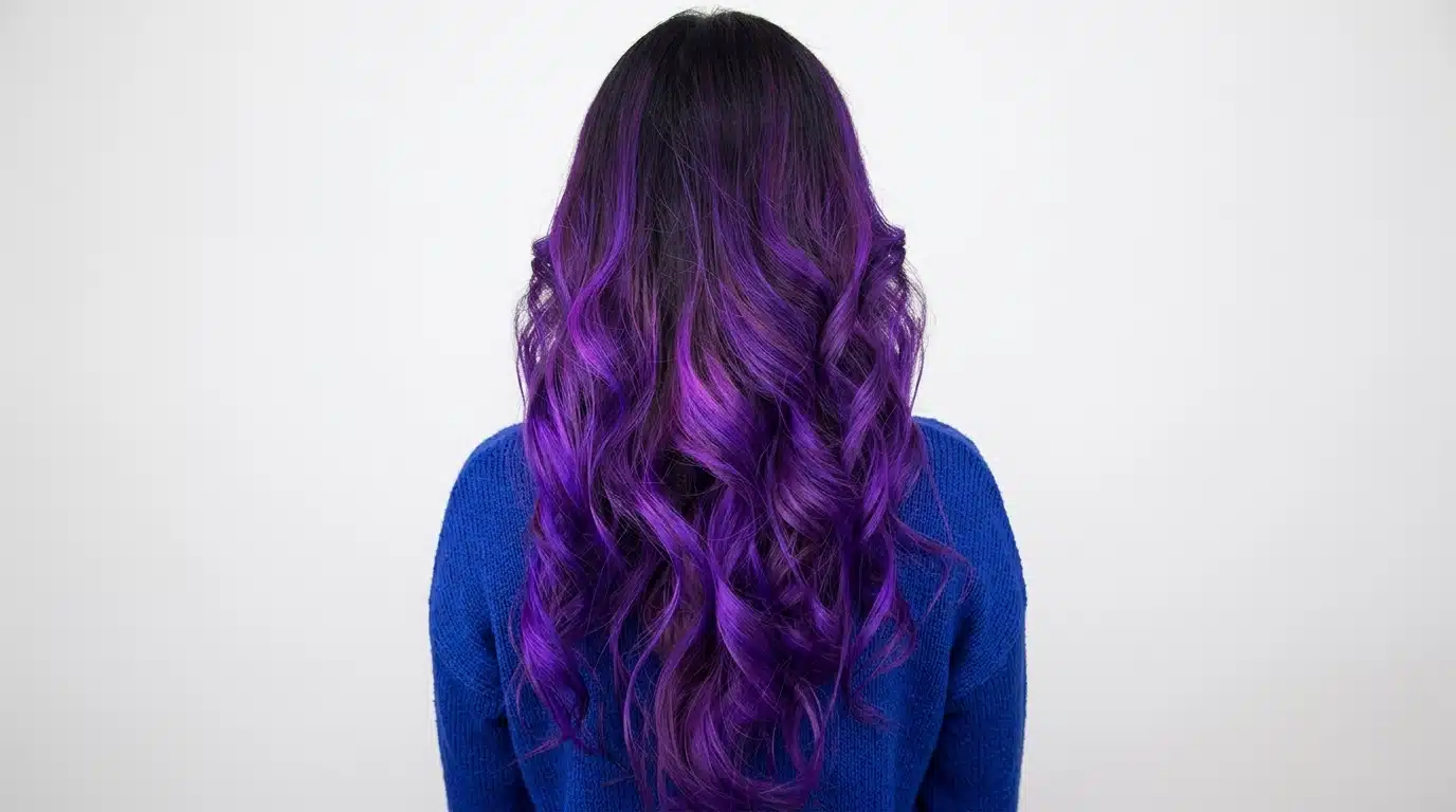Female with violet purple accent streaks in black hair in modern lighitng.