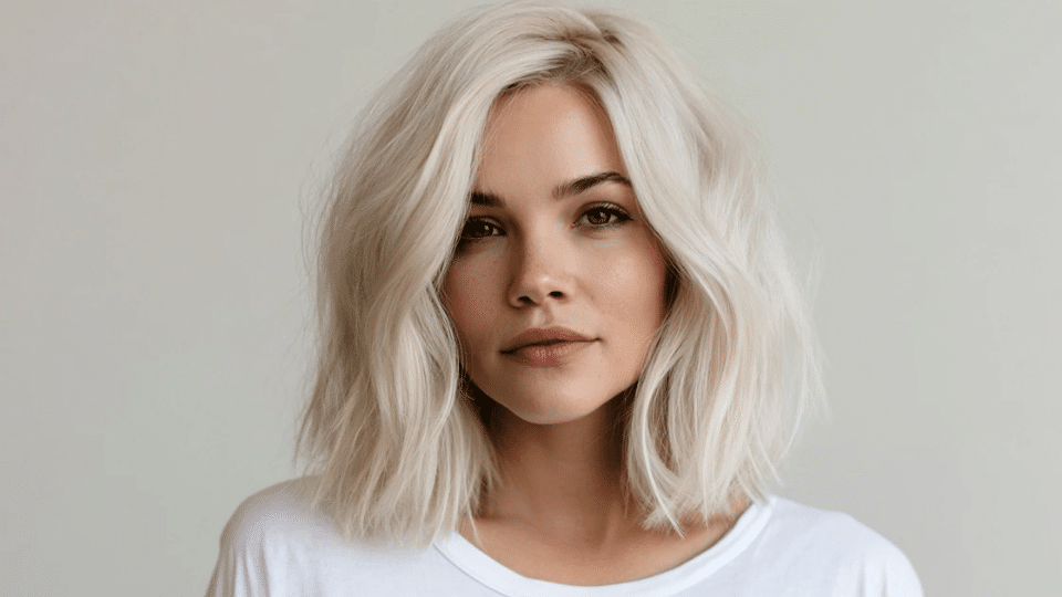 Womamn with wavy platinum blonde hair styled in soft beach waves.