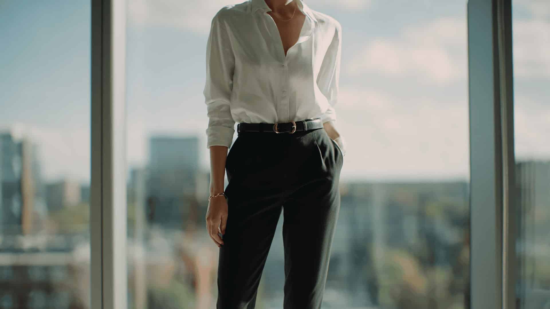 Woman in a white button-down shirt tucked into belted black dress pants