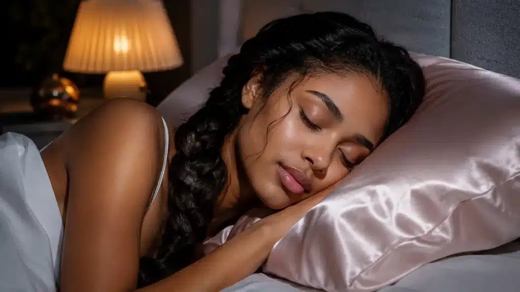 Woman sleeping with a protective hairstyle on a satin pillowcase to help prevent hair breakage