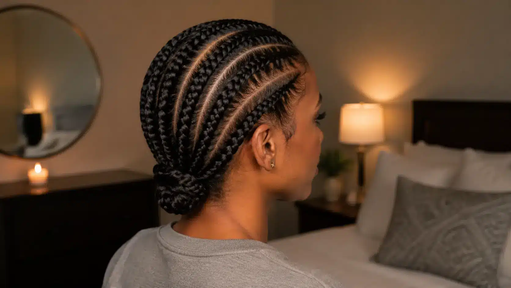 Woman with neat cornrow braids styled into a low bun in a softly lit bedroom setting