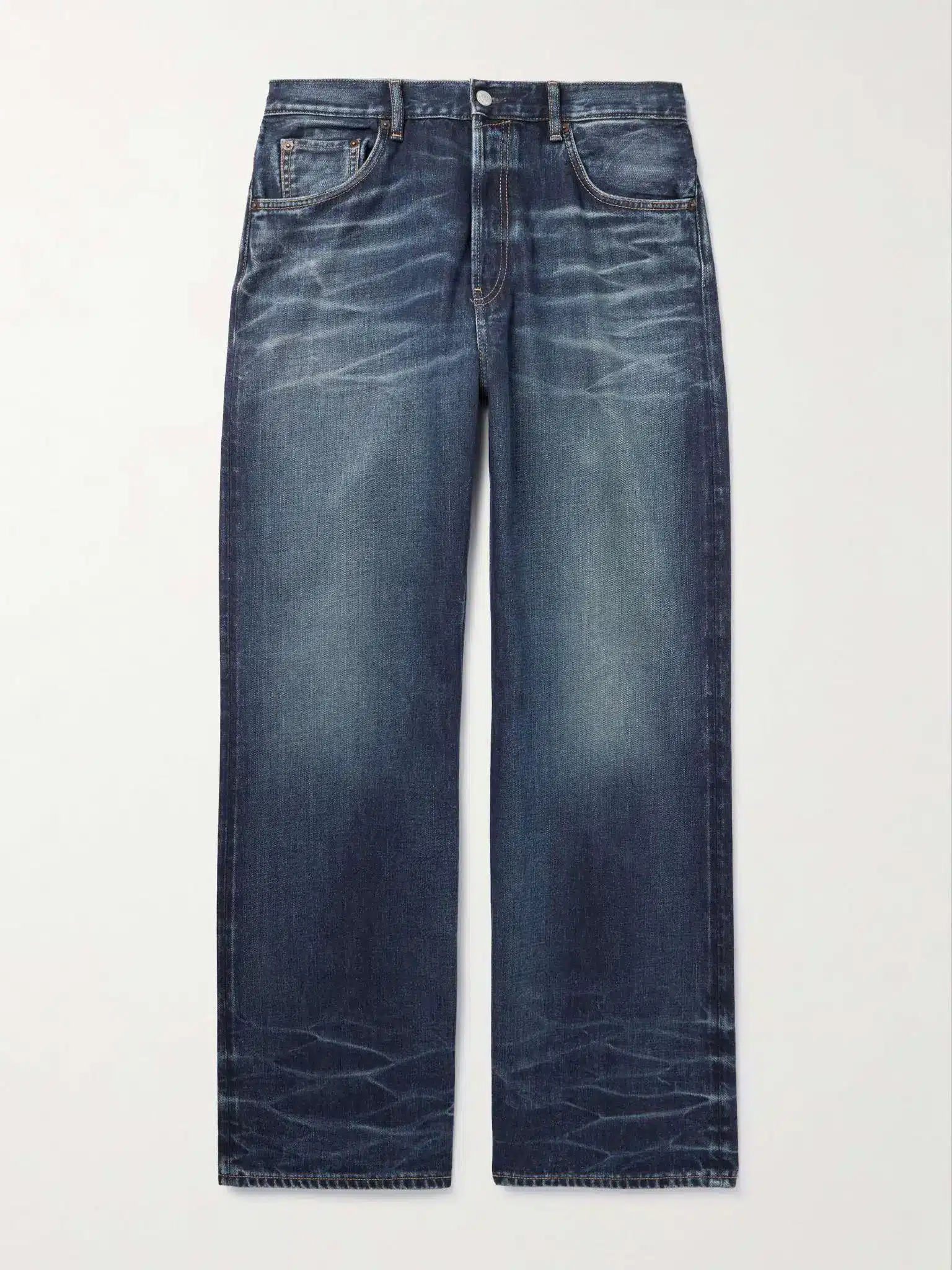 Dark blue straight-leg jeans with subtle fading on white background