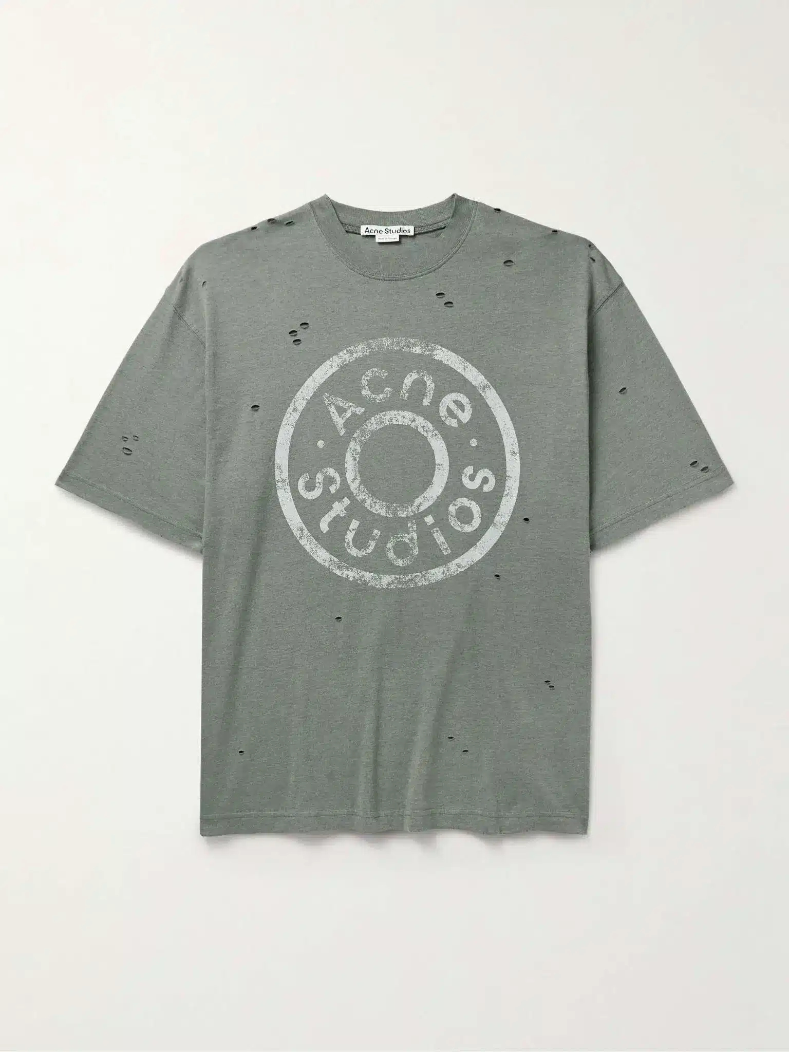 Gray distressed t-shirt with round logo design on white background