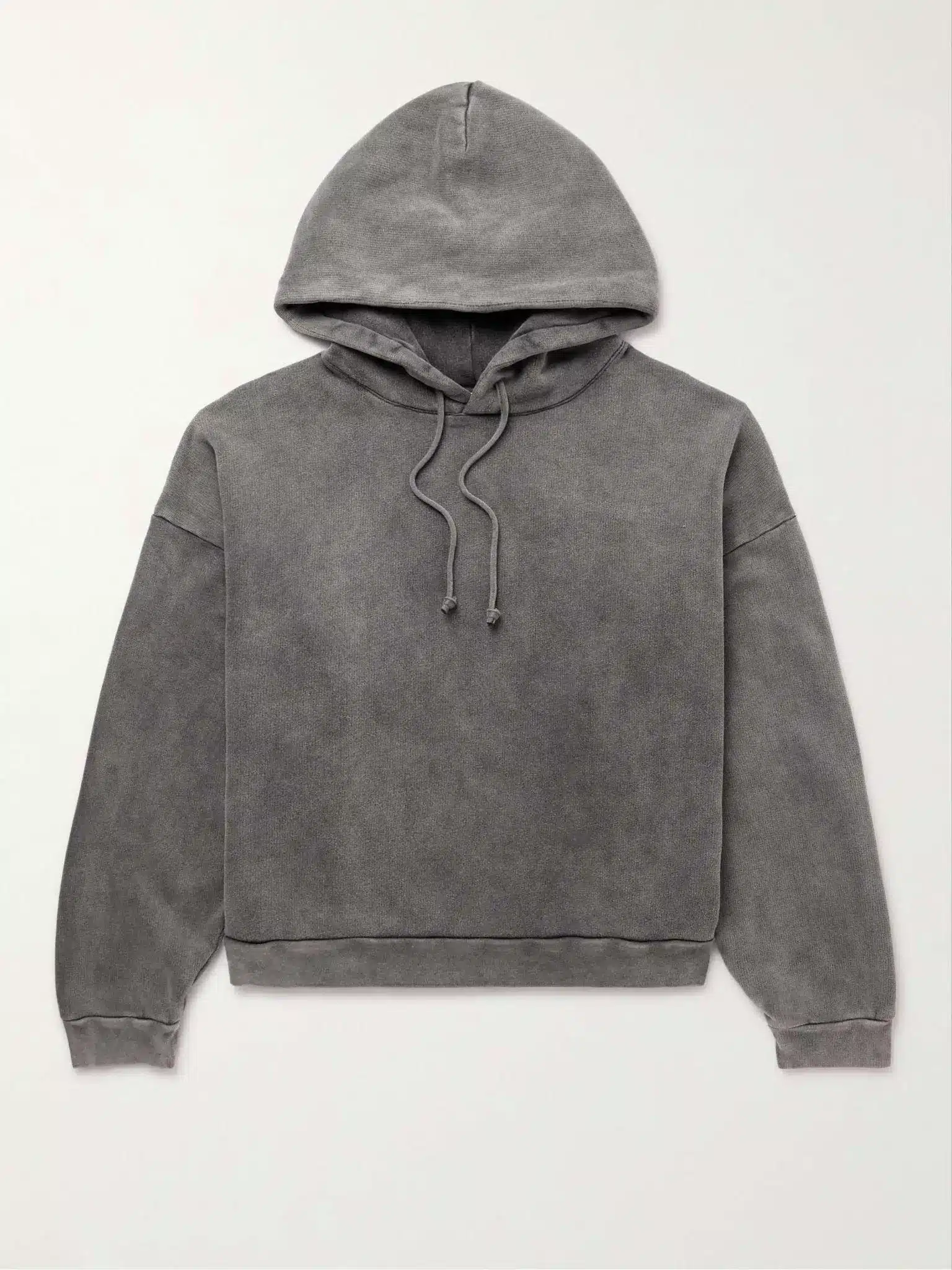 Gray hooded sweatshirt with drawstrings displayed against light background