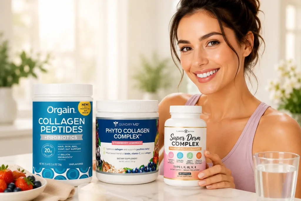 Woman holding dietary supplement bottles in bright kitchen setting with fresh strawberries nearby