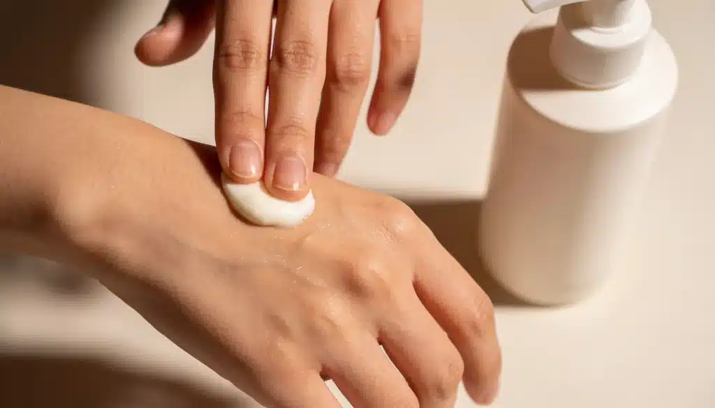 Person applying hand cream to the back of their hand with a white pump bottle nearby on a neutral surface.