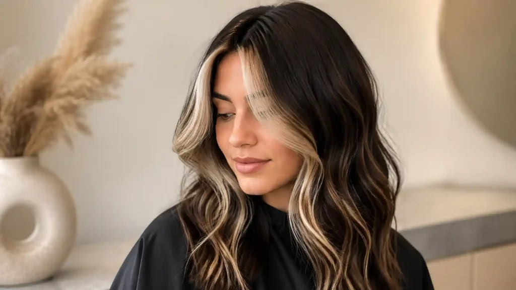 Woman with dark brown hair and blonde money piece highlights styled in soft waves in a minimal, neutral salon setting.