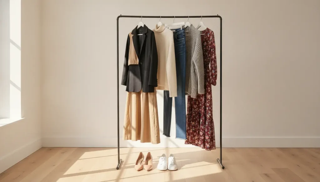 Clothing rack with assorted outfits and shoes in sunlit room with wooden floor
