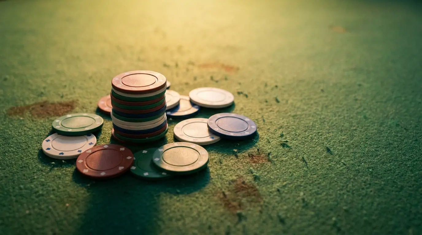 Poker chips stacked and scattered on a green felt surface in warm lighting