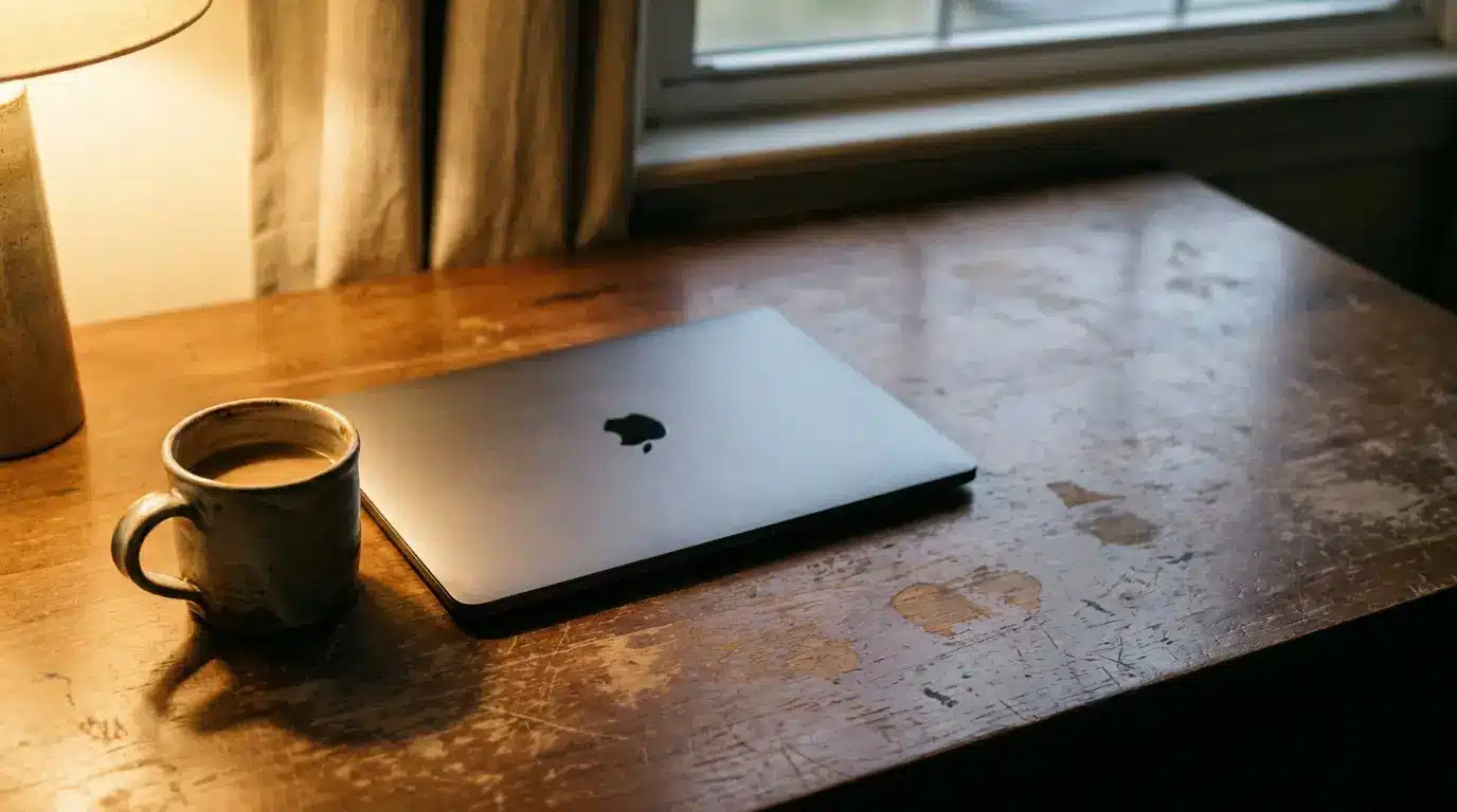 Laptop and coffee mug on wooden desk in warm, cozy lighting