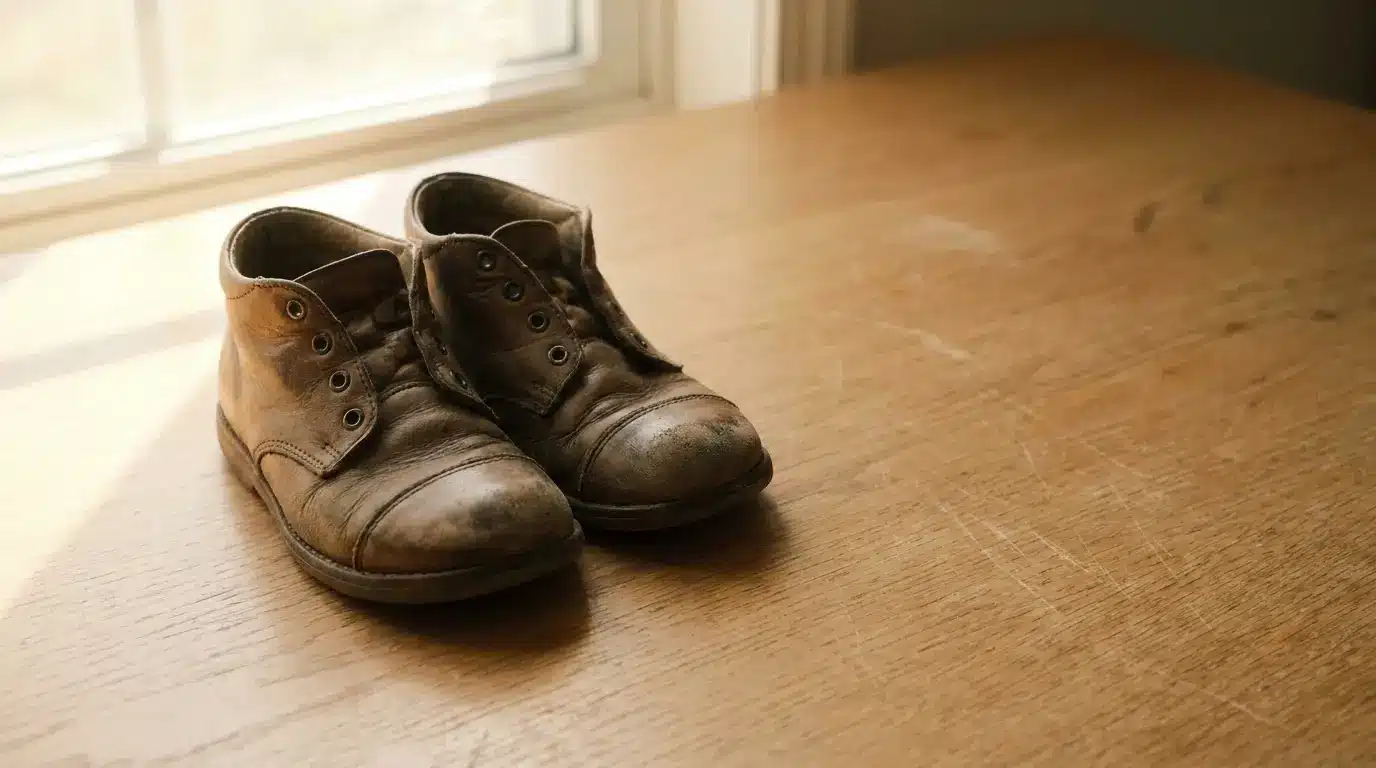 Worn leather boots on a wooden table in soft natural light