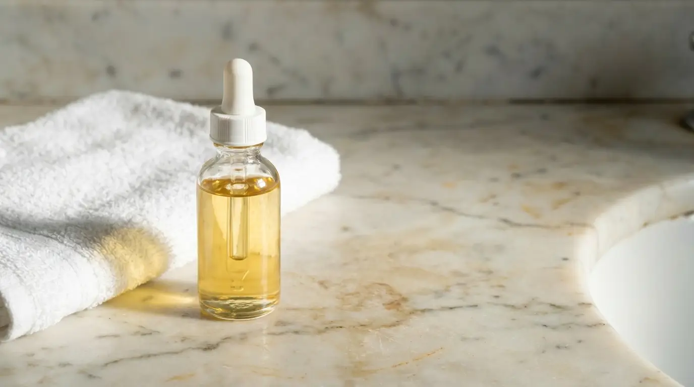 Dropper bottle with golden liquid on marble bathroom counter next to white towel