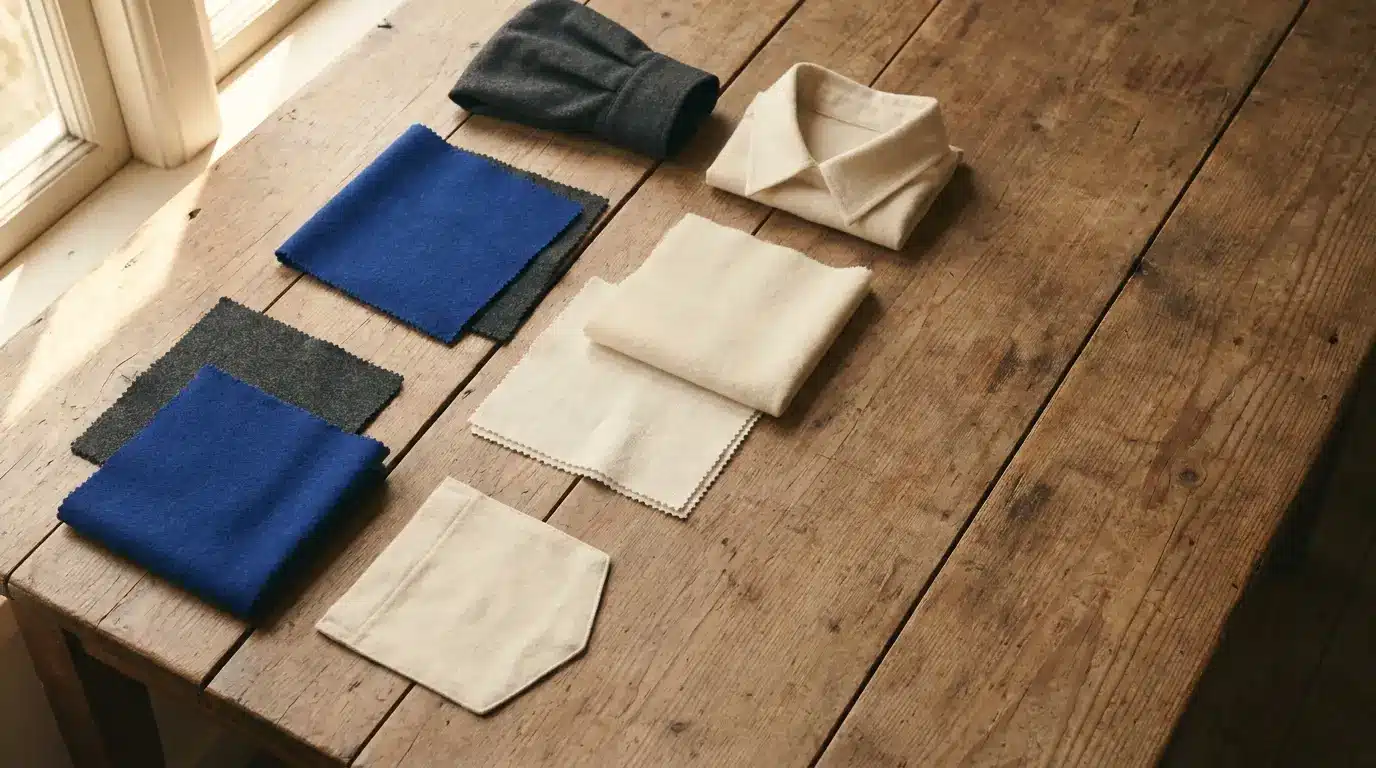 Fabric swatches and folded clothing neatly arranged on rustic wooden table in natural light