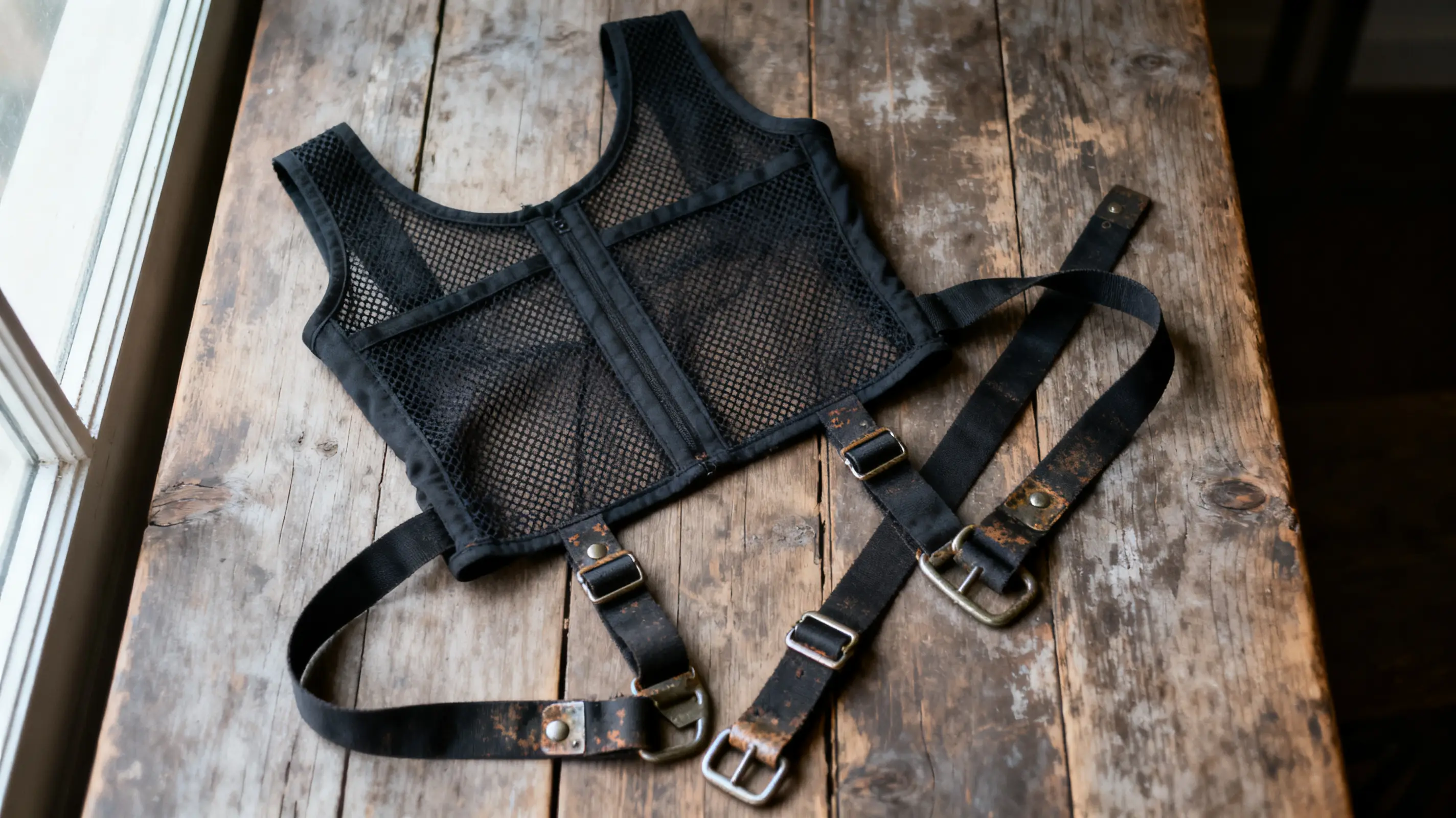 Black mesh harness with buckles on rustic wooden table in soft natural light
