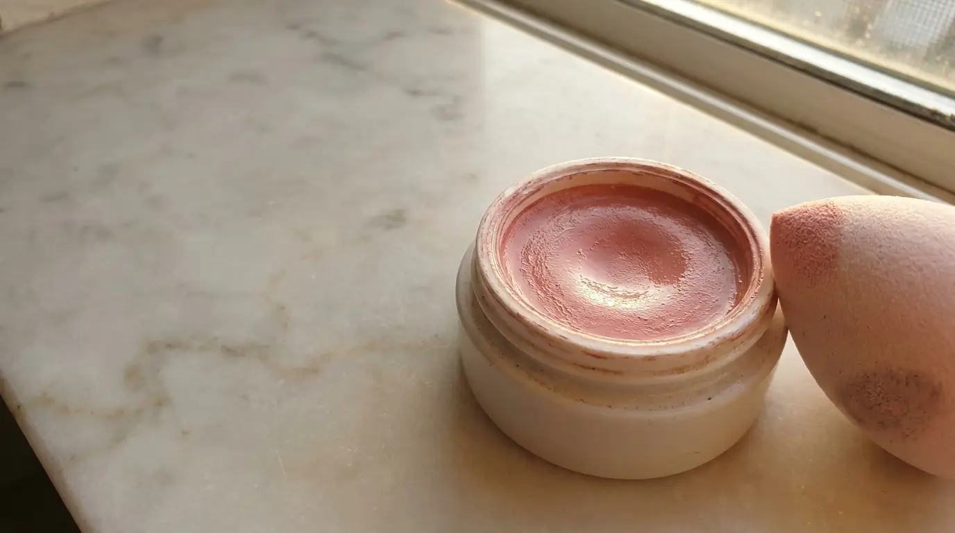 Cream blush container and makeup sponge on marble surface in natural light