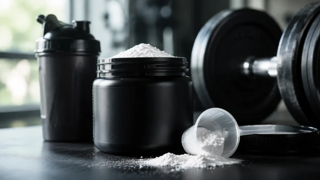 an open jar of creatine powder sits next to a scoop and dumbbell