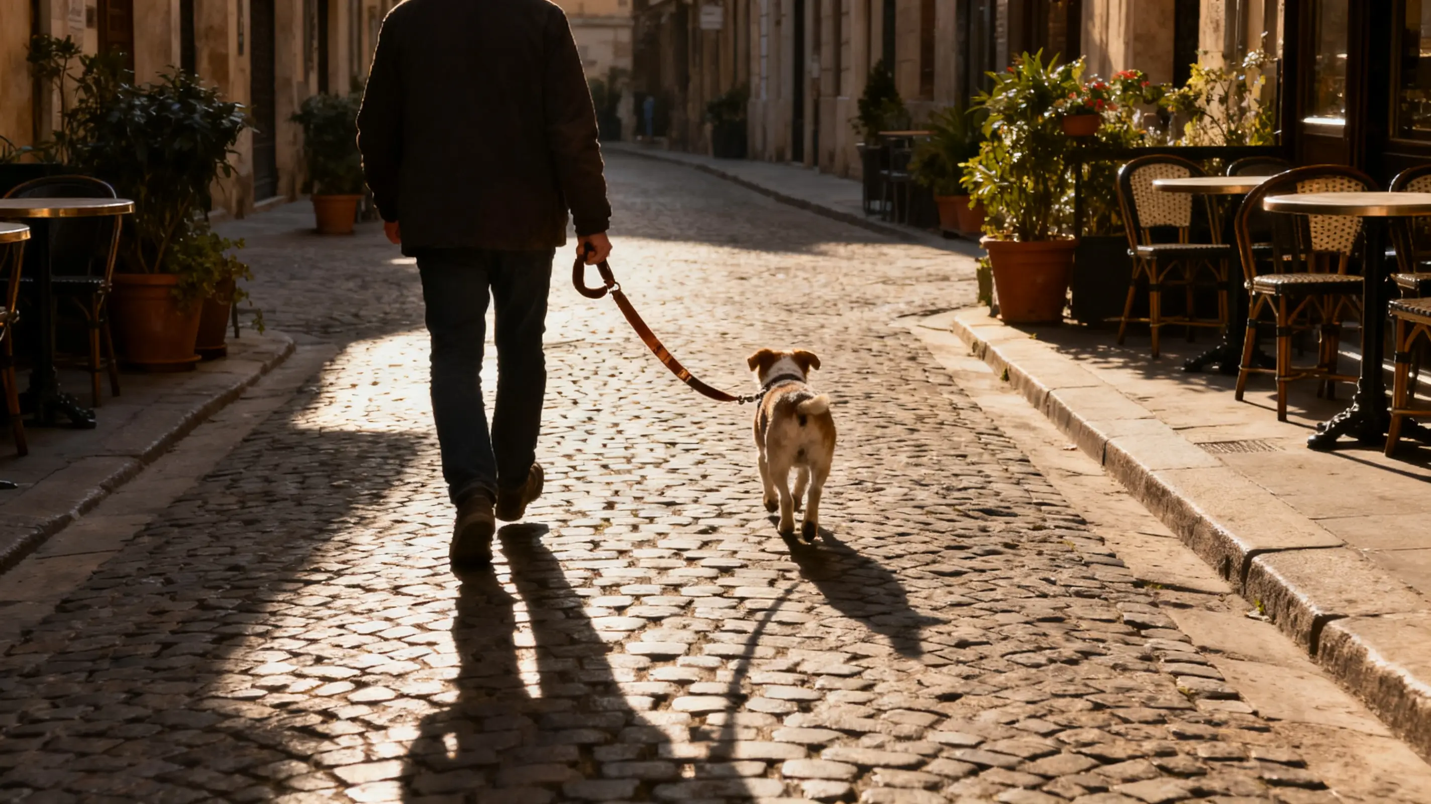 Man walking dog on cobblestone street lined with cafe tables and plants in warm sunlight
