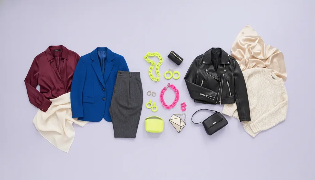 Fashionable clothing and accessories arranged on lavender background including blouses, jackets, and colorful jewelry