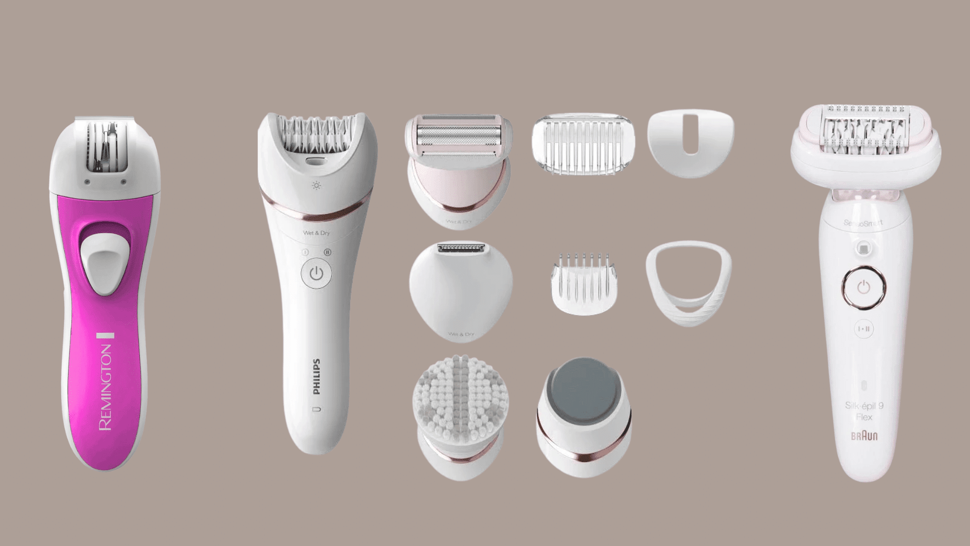 Epilators with multiple attachments for facial hair removal and grooming.