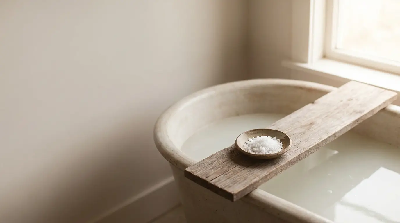 Stone bathtub with wooden board and bowl of bath salts in bright bathroom setting