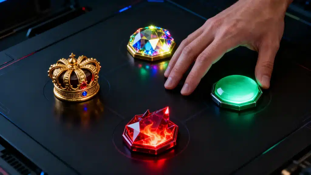 Hand touching illuminated green button among colorful LED decorations on control panel