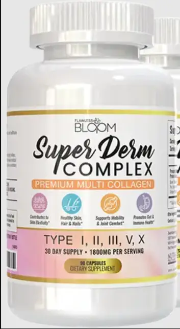 Collagen supplement bottle with colorful label displaying health benefits in neutral background.