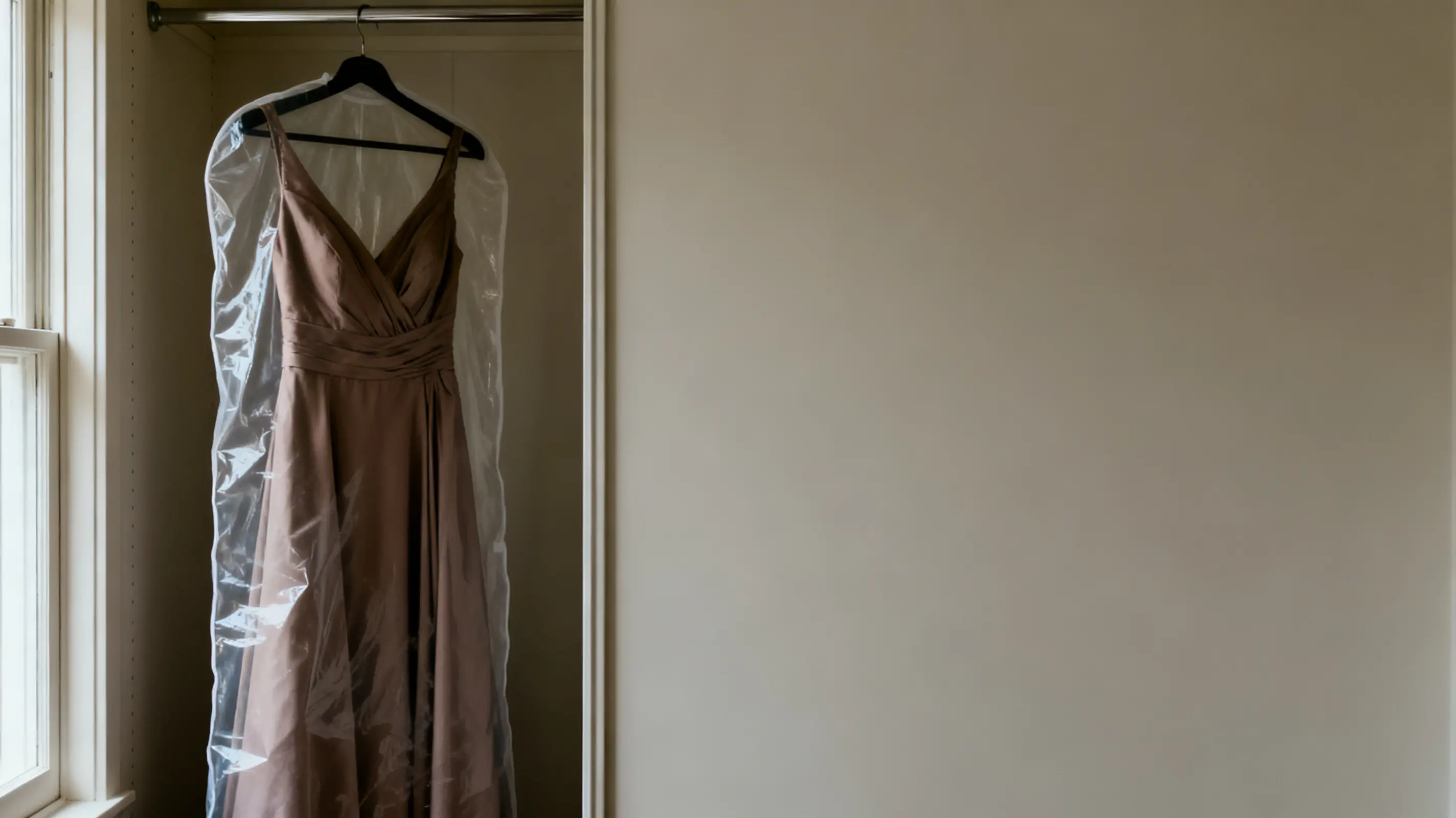 Brown formal dress hanging on a rack in a closet with natural light from window
