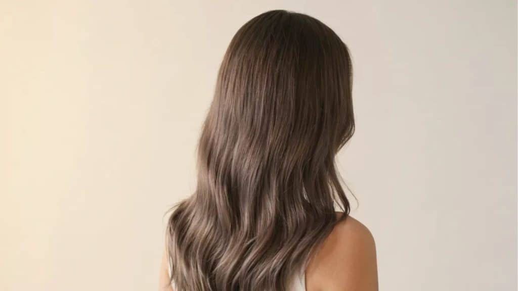 back view of woman with freshly toned dark warm ash-brown hair showing brassy yellow transformed to cool ash