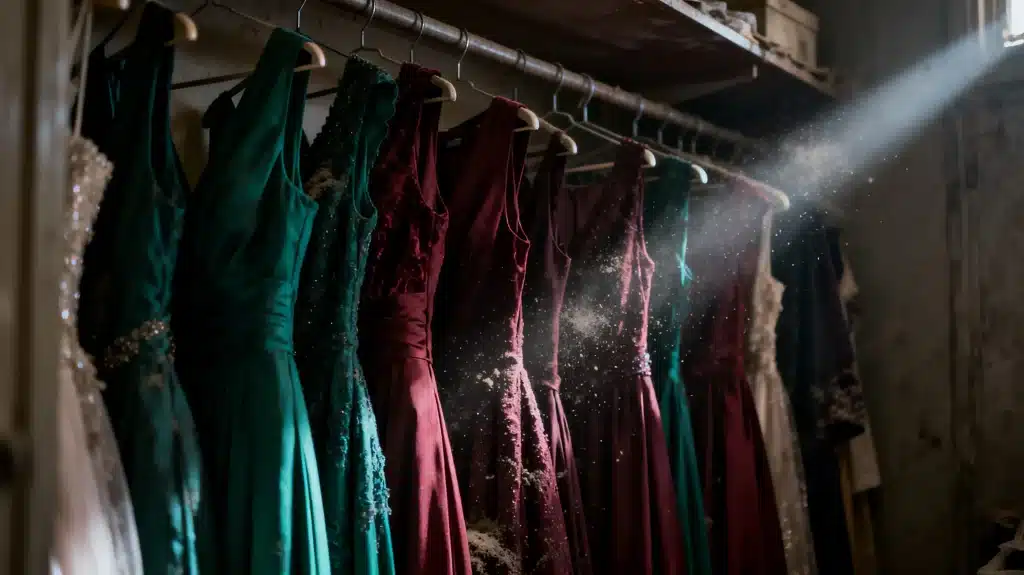 Elegant teal and burgundy dresses hanging in dimly lit vintage closet with dust particles in sunlight