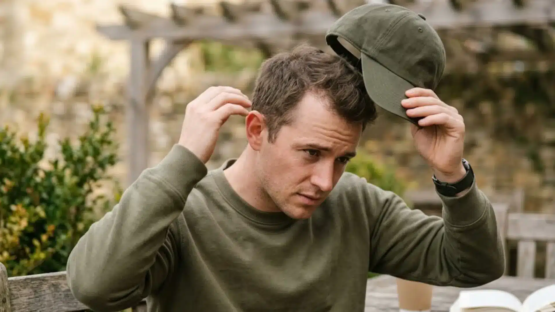 A late-twenties man with thinning hair at his temples looks tensed while gently removing a green baseball cap.