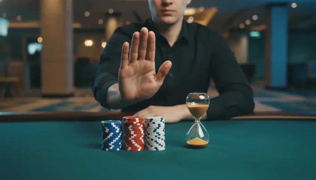 Poker player gesturing stop at casino table with chips and hourglass