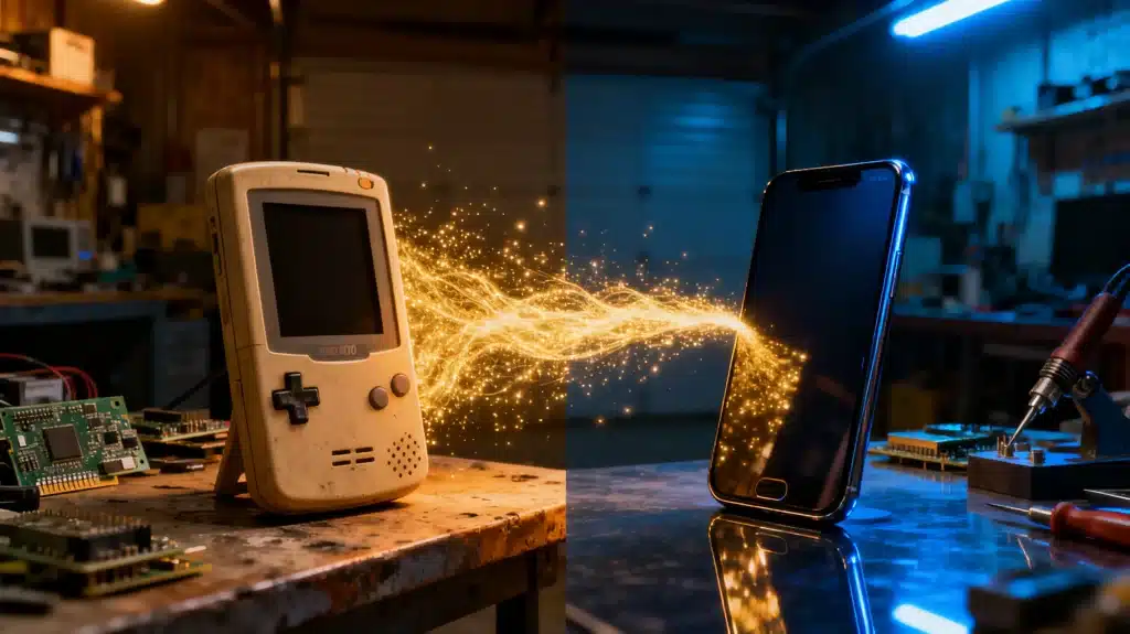 Vintage handheld device and modern smartphone with sparks in a workshop setting