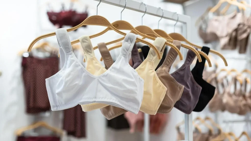 Diverse colored bras on wooden hangers in a bright retail display