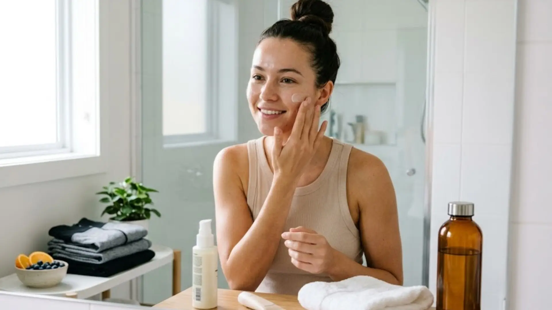 Person following a skincare routine to prevent forehead bumps and maintain clear, healthy skin.