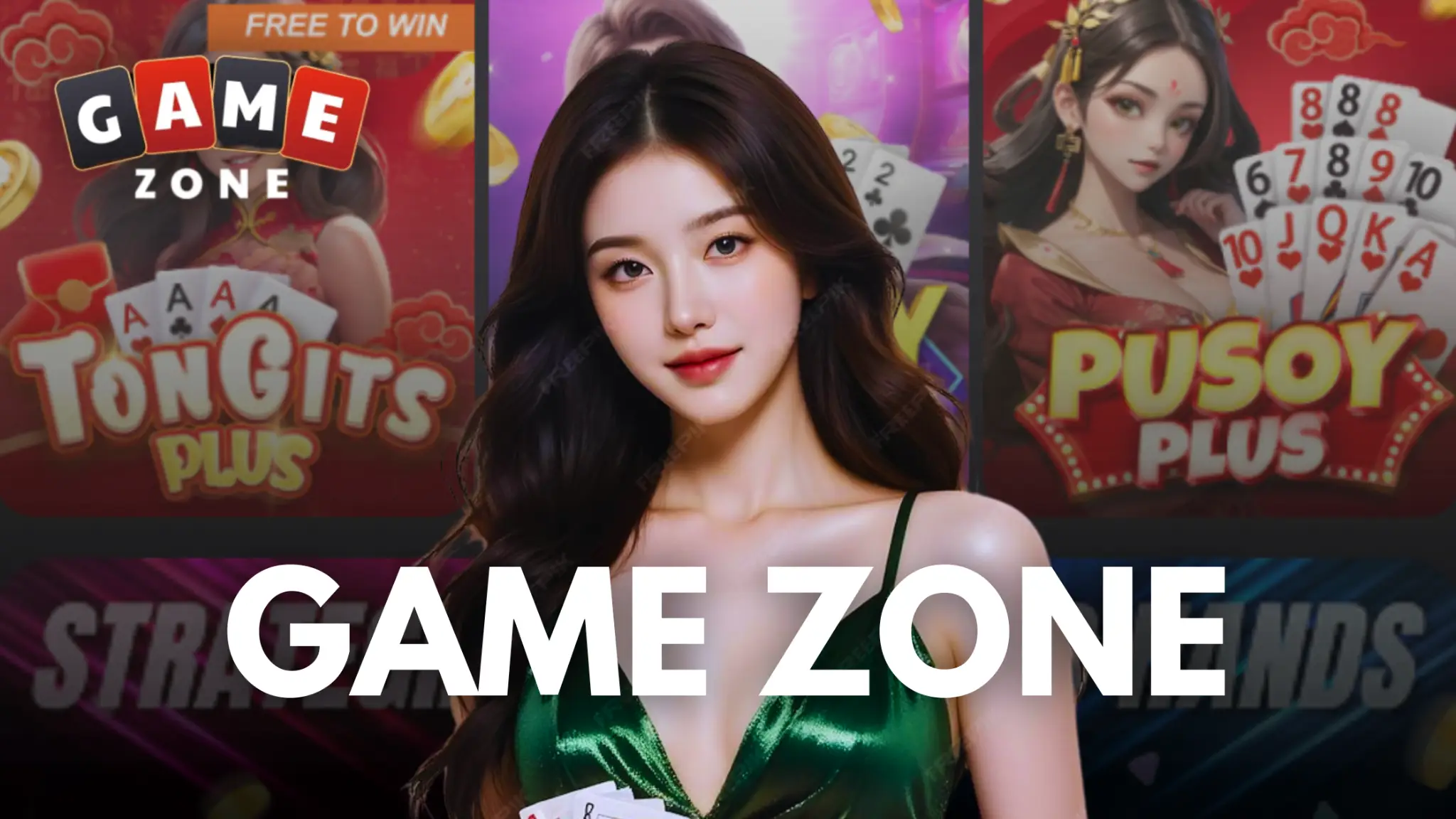 Person in green dress holding playing cards against colorful gaming background