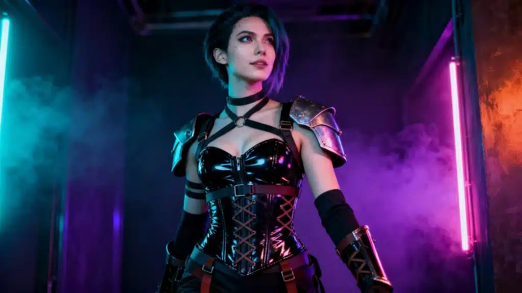 Cosplayer in futuristic armor with neon lights and smoke in industrial setting