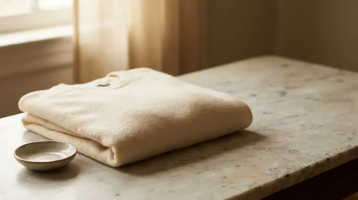 Folded cream sweater on marble table with small ceramic dish in softly lit room