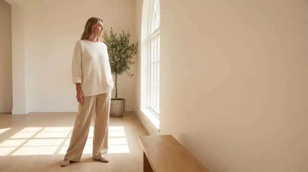 Person in beige outfit standing in minimalistic room with large window and potted plant
