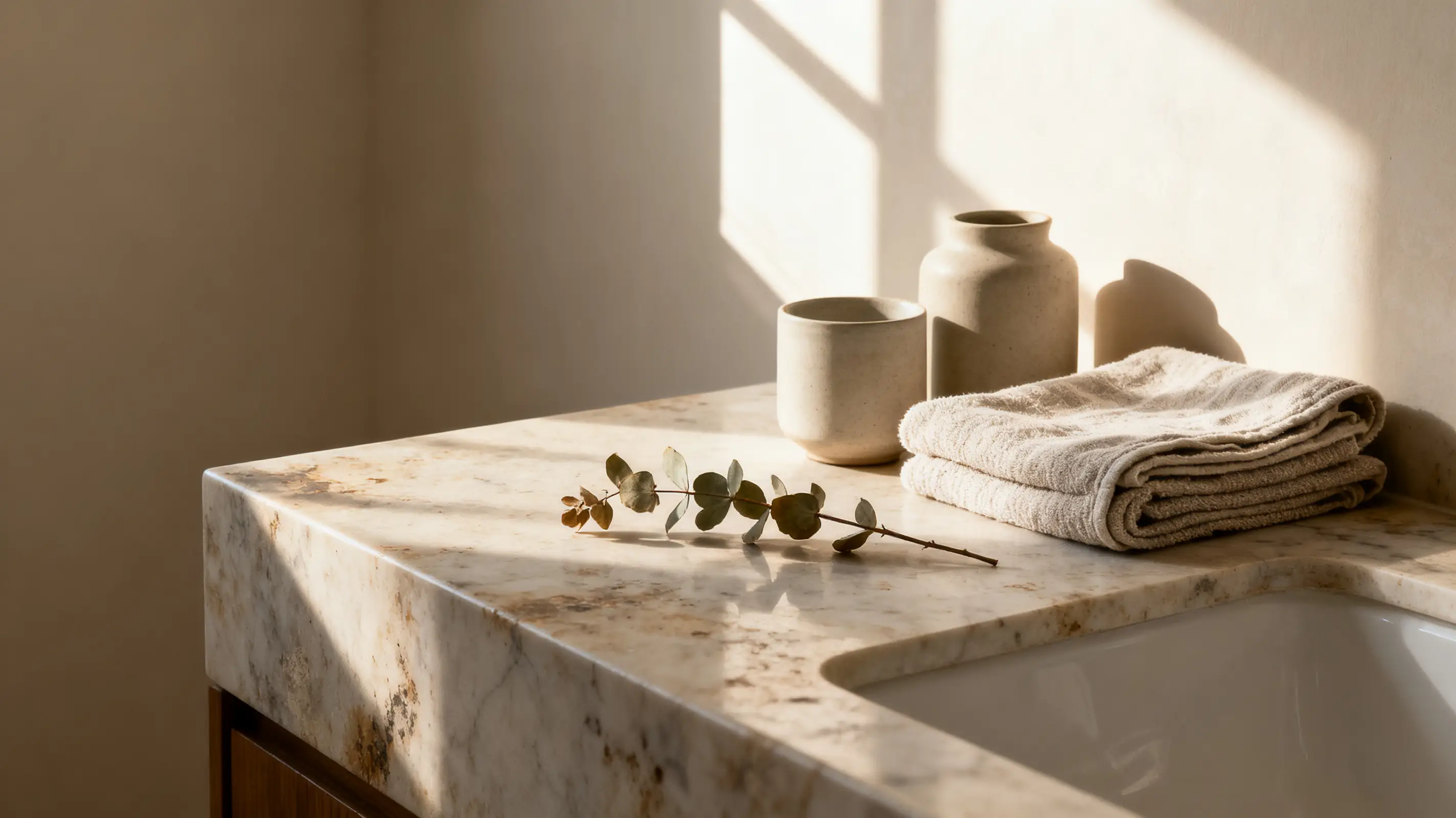Marble bathroom countertop with towels, vase, and branch in warm natural light