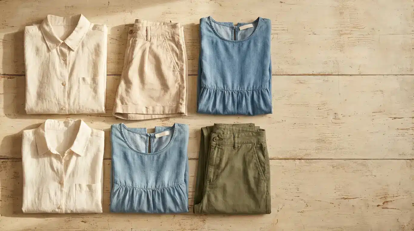 Folded casual clothing including shirts and pants on a wooden surface in natural light